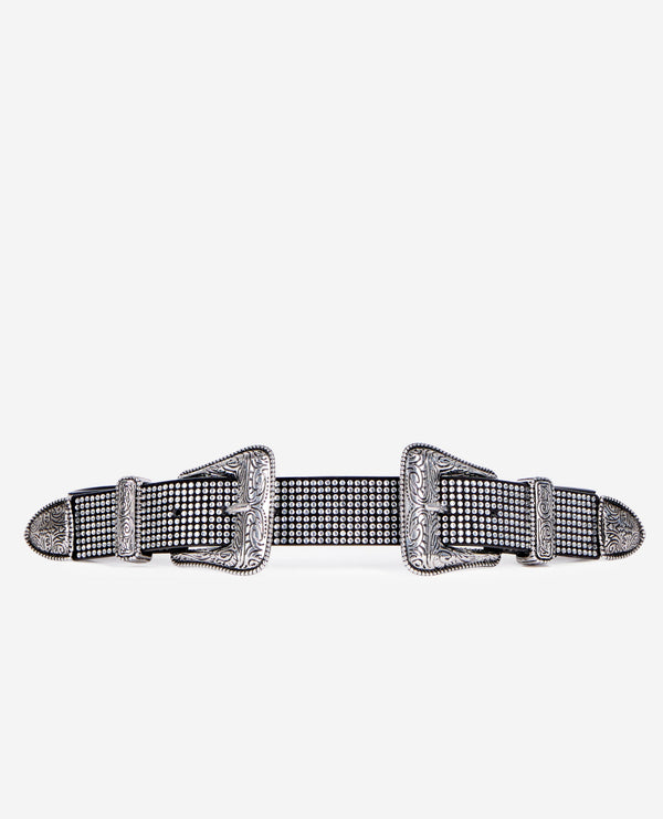 The Kooples - Western Leather Belt With Double Buckles And Rhinestones