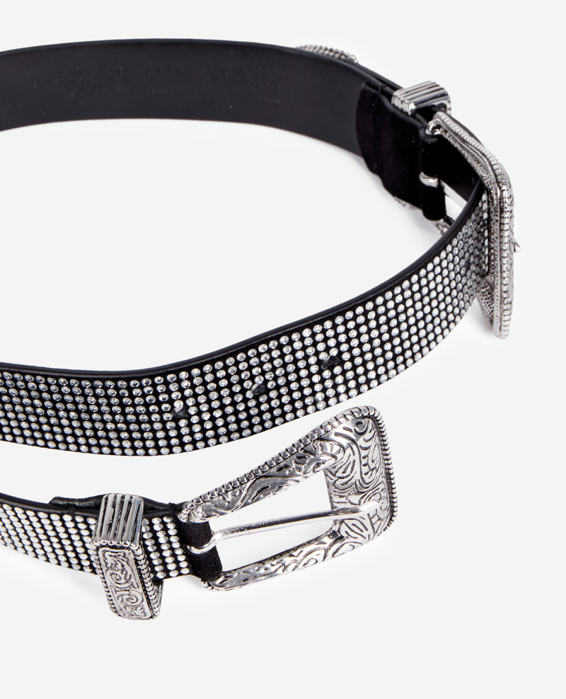 Ceinture Western En Cuir Double Boucles Avec Strass
