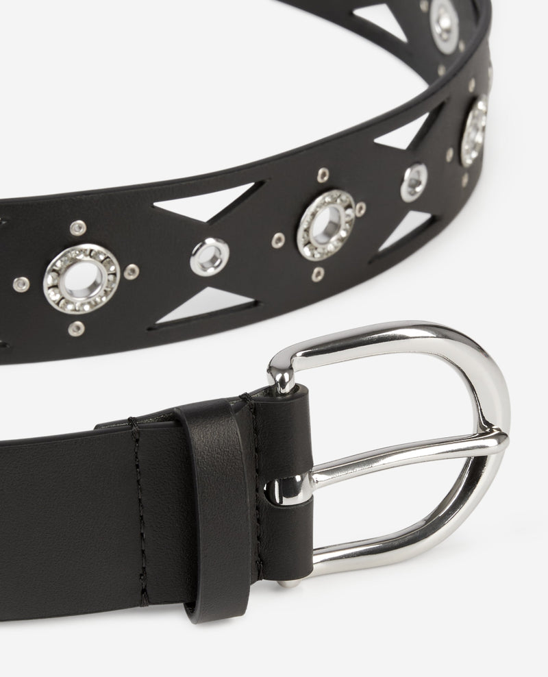 Ceinture En Cuir Avec Oeillets Strassés