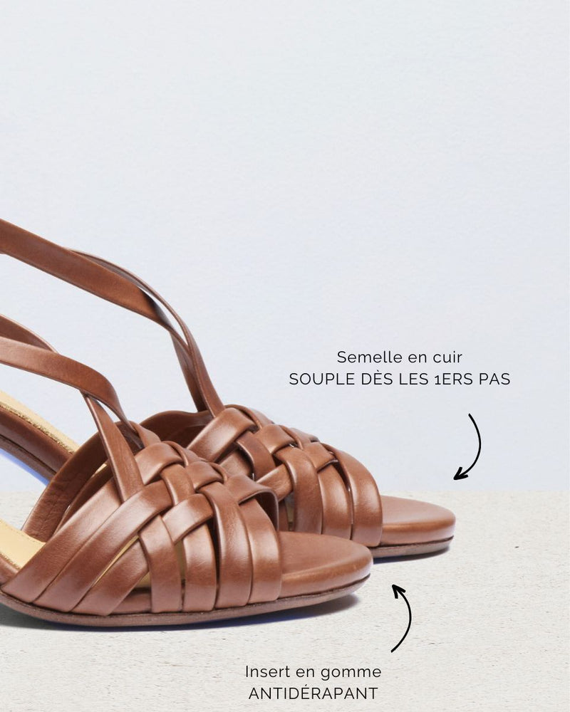 Sandale Tressée Agathe - Cuir Cognac - Semelle Cuir - Femme