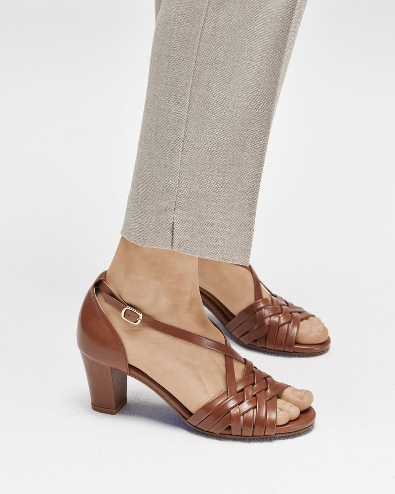 Sandale Tressée Agathe - Cuir Cognac - Semelle Cuir - Femme