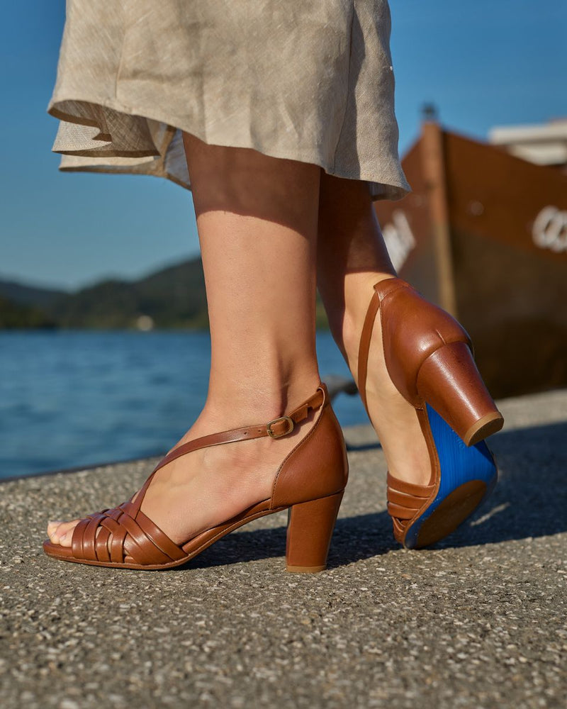 Sandale Tressée Agathe - Cuir Cognac - Semelle Cuir - Femme