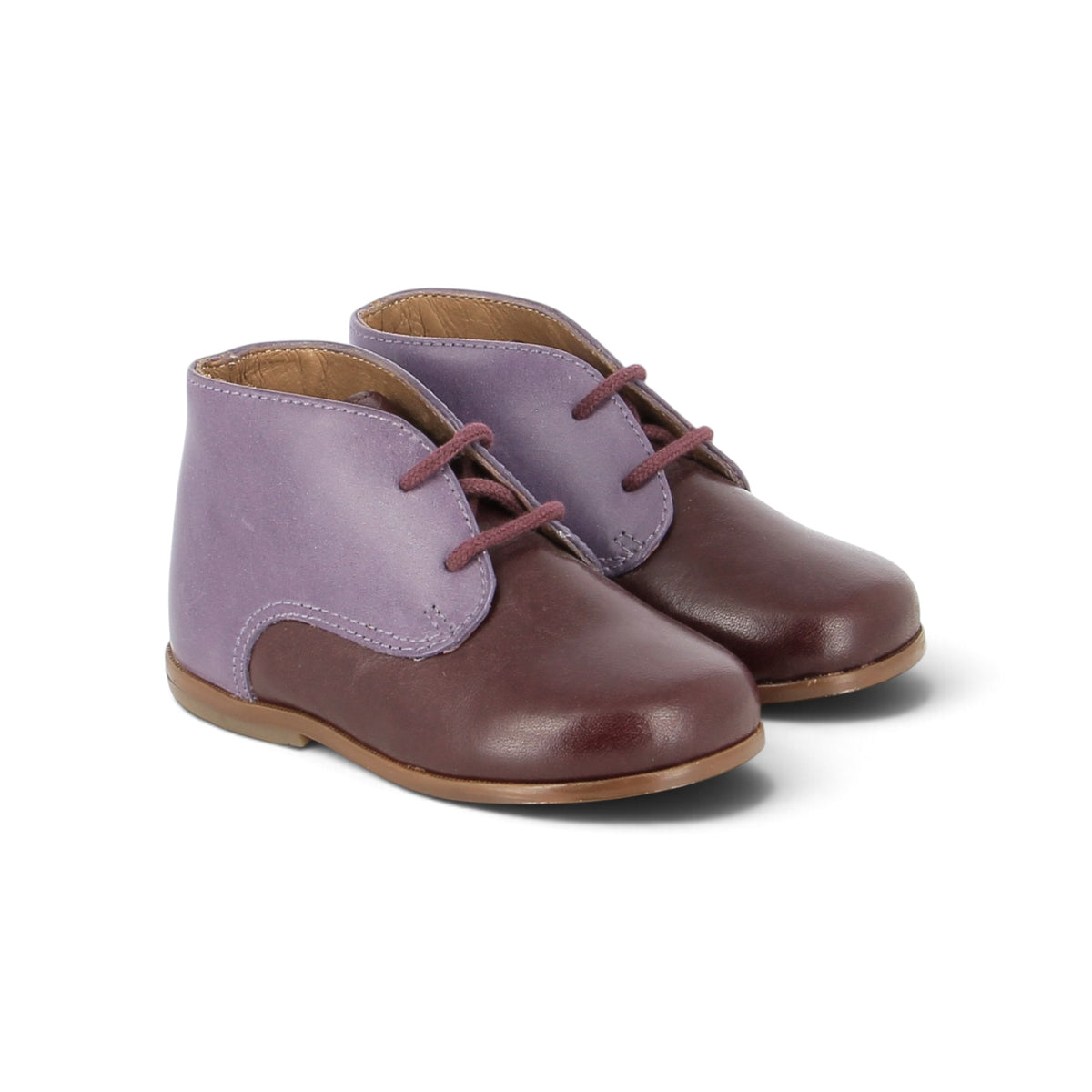 Pom d'Api – Clotaire - Agnan Bottine - Bordeaux/Violet, chaussures pour enfant en cuir bicolore violet et marron, lacets bordeaux