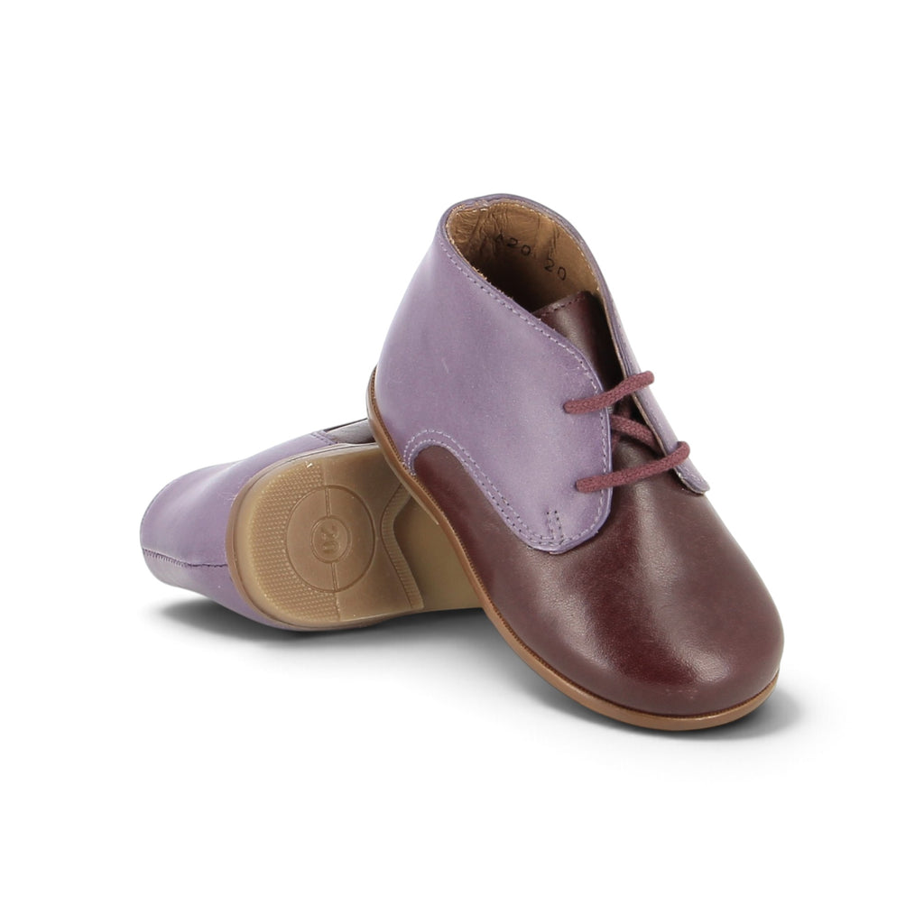 Pom d'Api – Clotaire - Agnan Bottine - Bordeaux/Violet, chaussures bébé en cuir bicolore violet et marron, lacets bordeaux