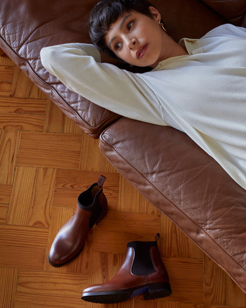 Botas Chelsea Albane - Piel de Lagarto Cognac - Suela de Goma - Mujer