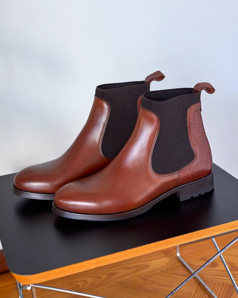 Botas Chelsea Albane - Piel de Lagarto Cognac - Suela de Goma - Mujer