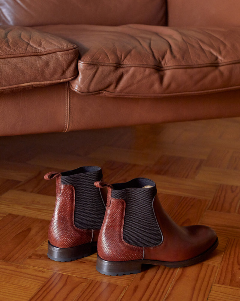 Botas Chelsea Albane - Piel de Lagarto Cognac - Suela de Goma - Mujer