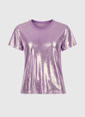 An'ge – T-Shirt Aliza Parme, t-shirt violet métallisé à manches courtes et col rond, vue de face