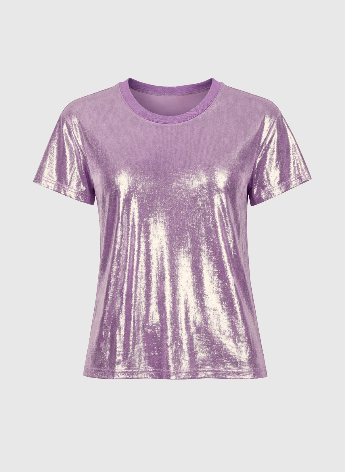 An'ge – T-Shirt Aliza Parme, t-shirt violet métallisé à manches courtes et col rond, vue de face