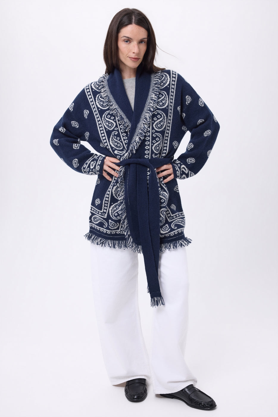 Gilet Oversize À Ceinture Alya - Bleu Marine Blanc - Femme - 100% Cachemire