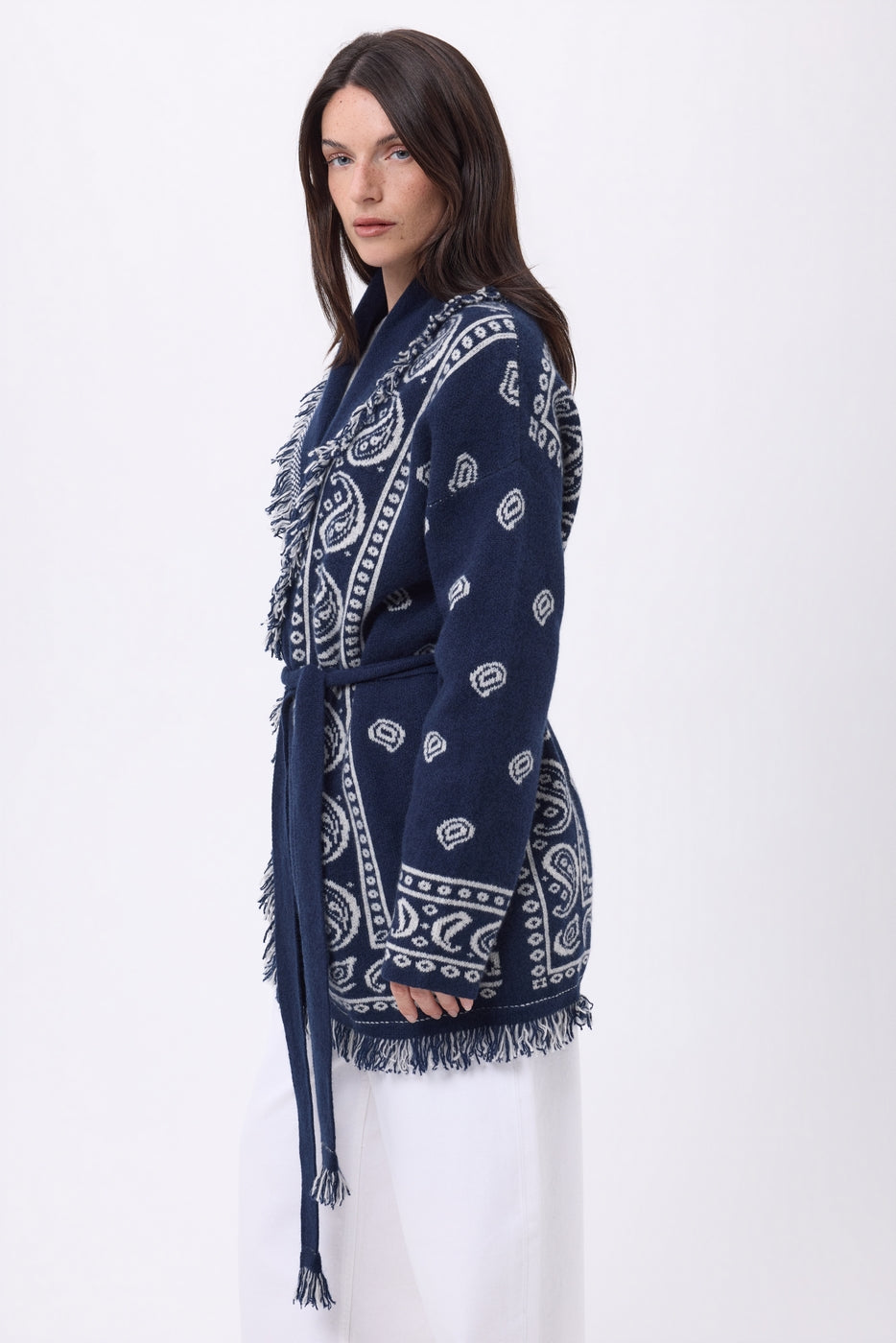 Gilet Oversize À Ceinture Alya - Bleu Marine Blanc - Femme - 100% Cachemire
