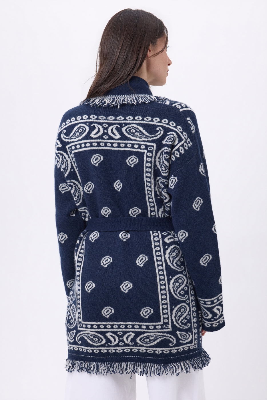 Gilet Oversize À Ceinture Alya - Bleu Marine Blanc - Femme - 100% Cachemire