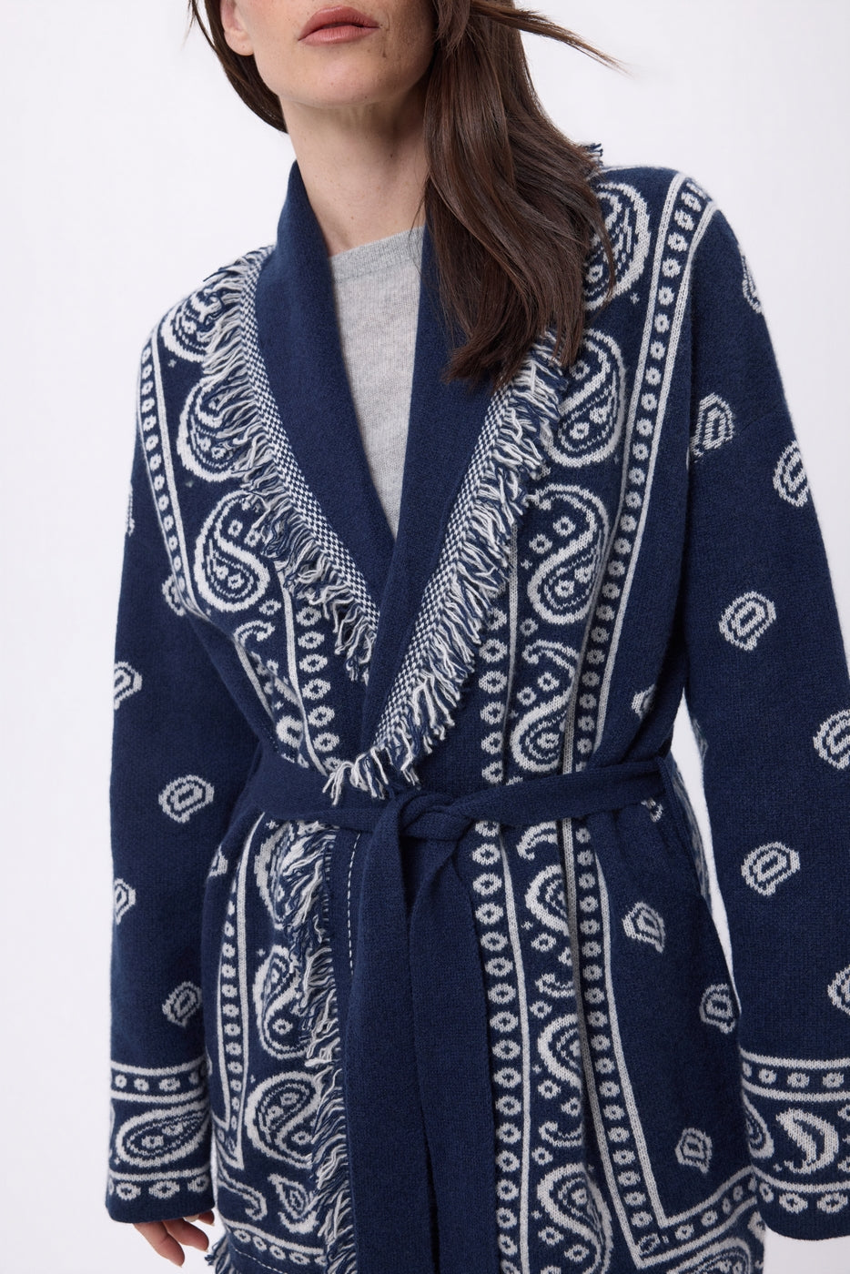 Gilet Oversize À Ceinture Alya - Bleu Marine Blanc - Femme - 100% Cachemire
