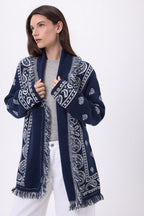 Gilet Oversize À Ceinture Alya - Bleu Marine Blanc - Femme - 100% Cachemire