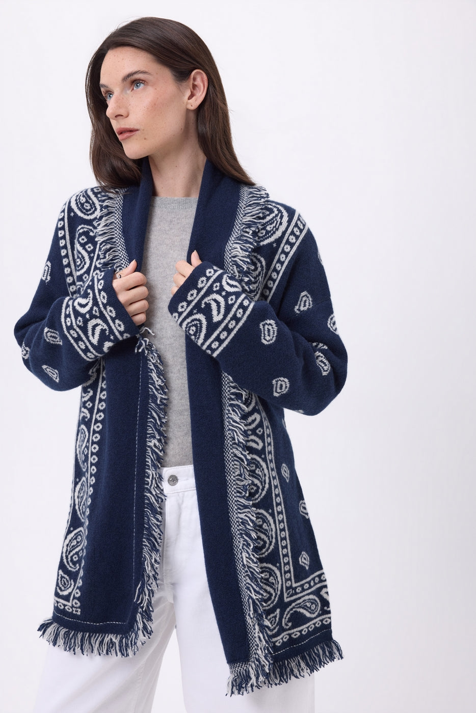 Gilet Oversize À Ceinture Alya - Bleu Marine Blanc - Femme - 100% Cachemire