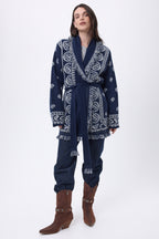 Gilet Oversize À Ceinture Alya - Bleu Marine Blanc - Femme - 100% Cachemire