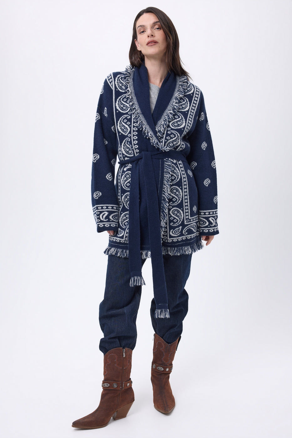Gilet Oversize À Ceinture Alya - Bleu Marine Blanc - Femme - 100% Cachemire