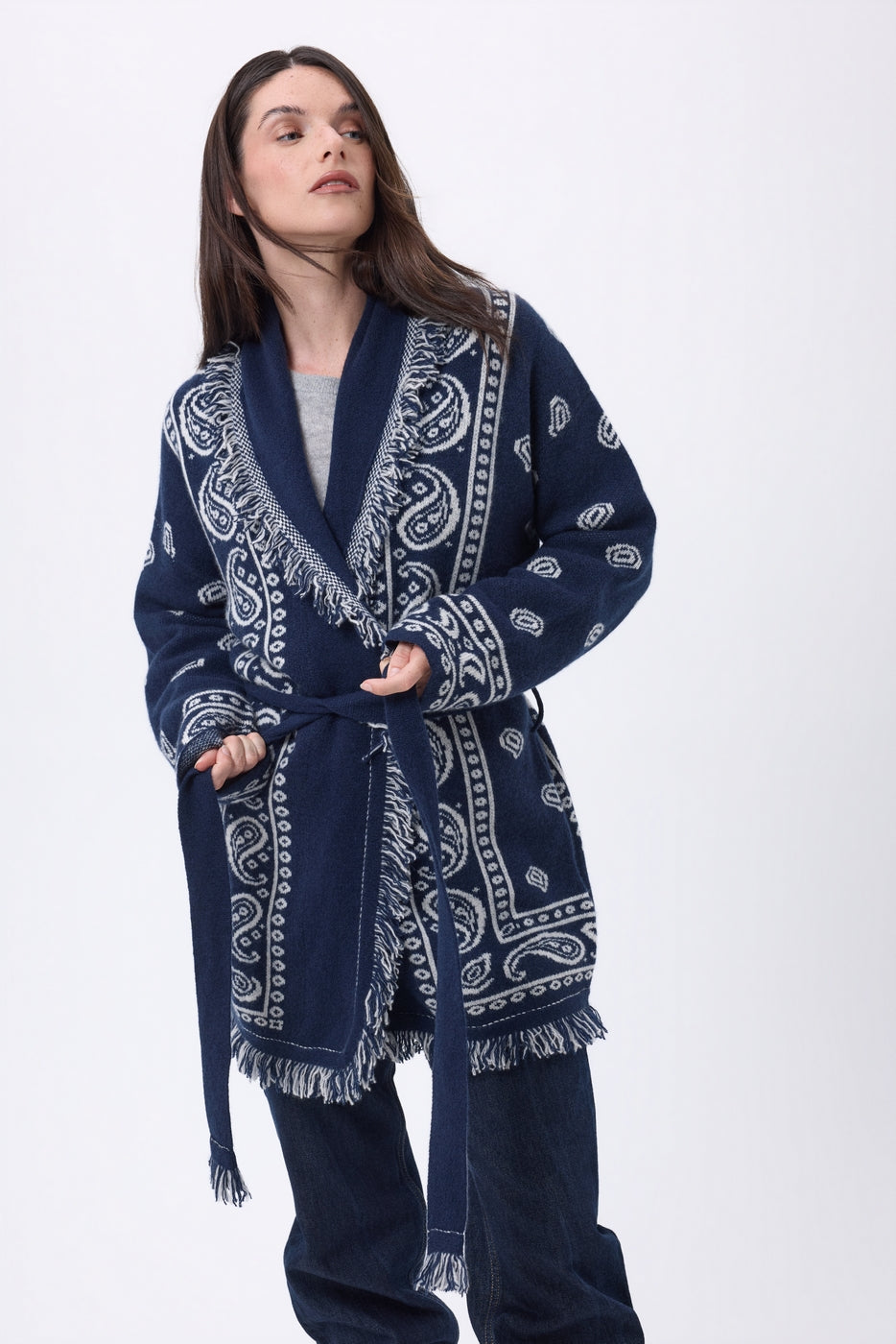 Gilet Oversize À Ceinture Alya - Bleu Marine Blanc - Femme - 100% Cachemire