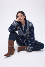 Gilet Oversize À Ceinture Alya - Bleu Marine Blanc - Femme - 100% Cachemire
