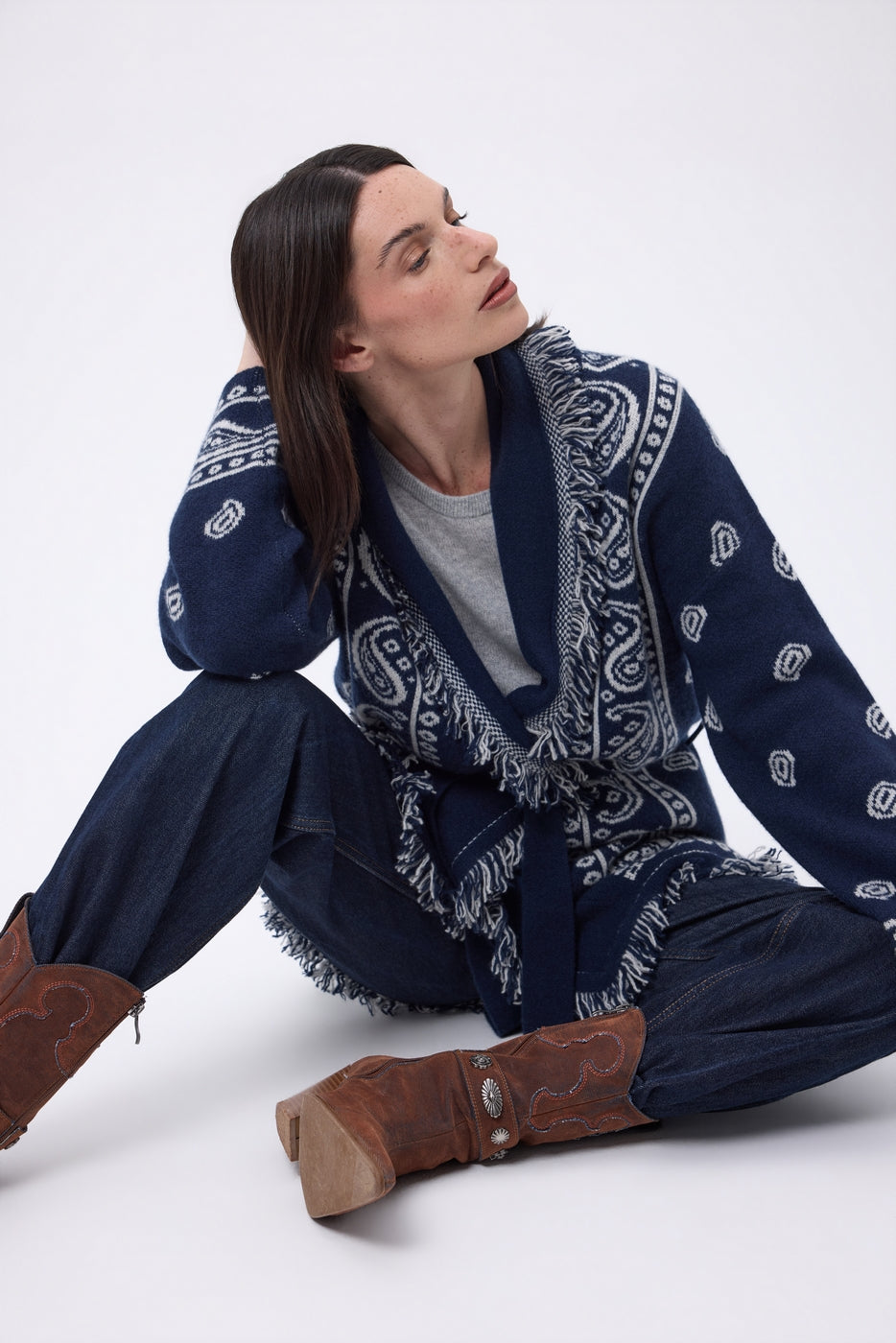 Gilet Oversize À Ceinture Alya - Bleu Marine Blanc - Femme - 100% Cachemire