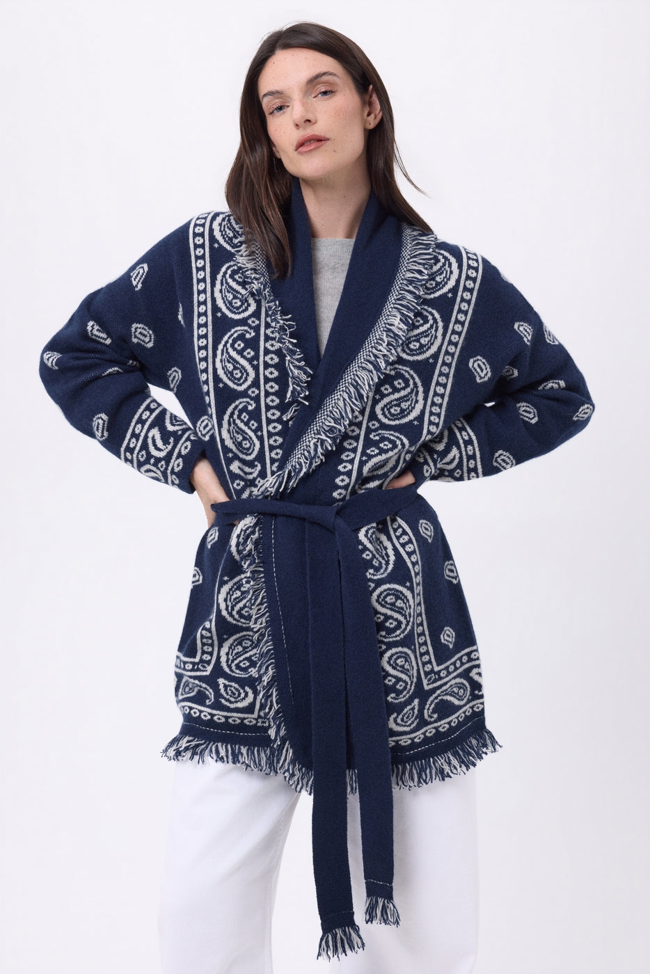 Gilet Oversize À Ceinture Alya - Bleu Marine Blanc - Femme - 100% Cachemire