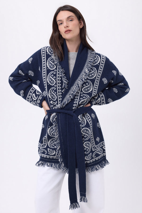 Chaqueta oversize con cinturón Alya - Azul marino blanco - Mujer - 100% Cachemira