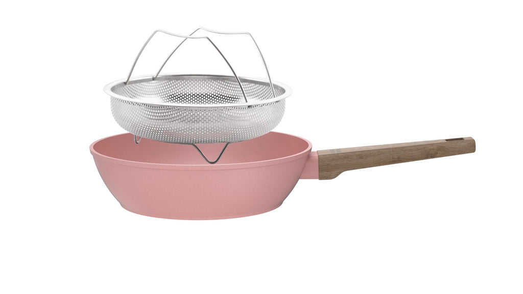 28cm Sauté Pan With Lid + Basket - Forged Aluminum - Ceramic Coating - Pink