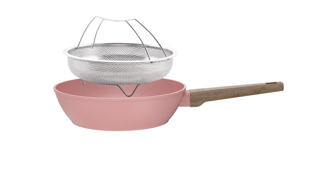 28cm Sauté Pan With Lid + Basket - Forged Aluminum - Ceramic Coating - Pink