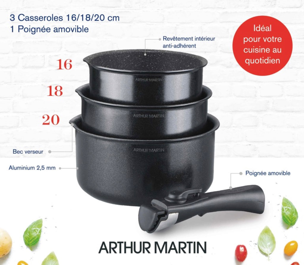 Set 3 Saucepans 16-18-20 Cm And 1 Handle - Black