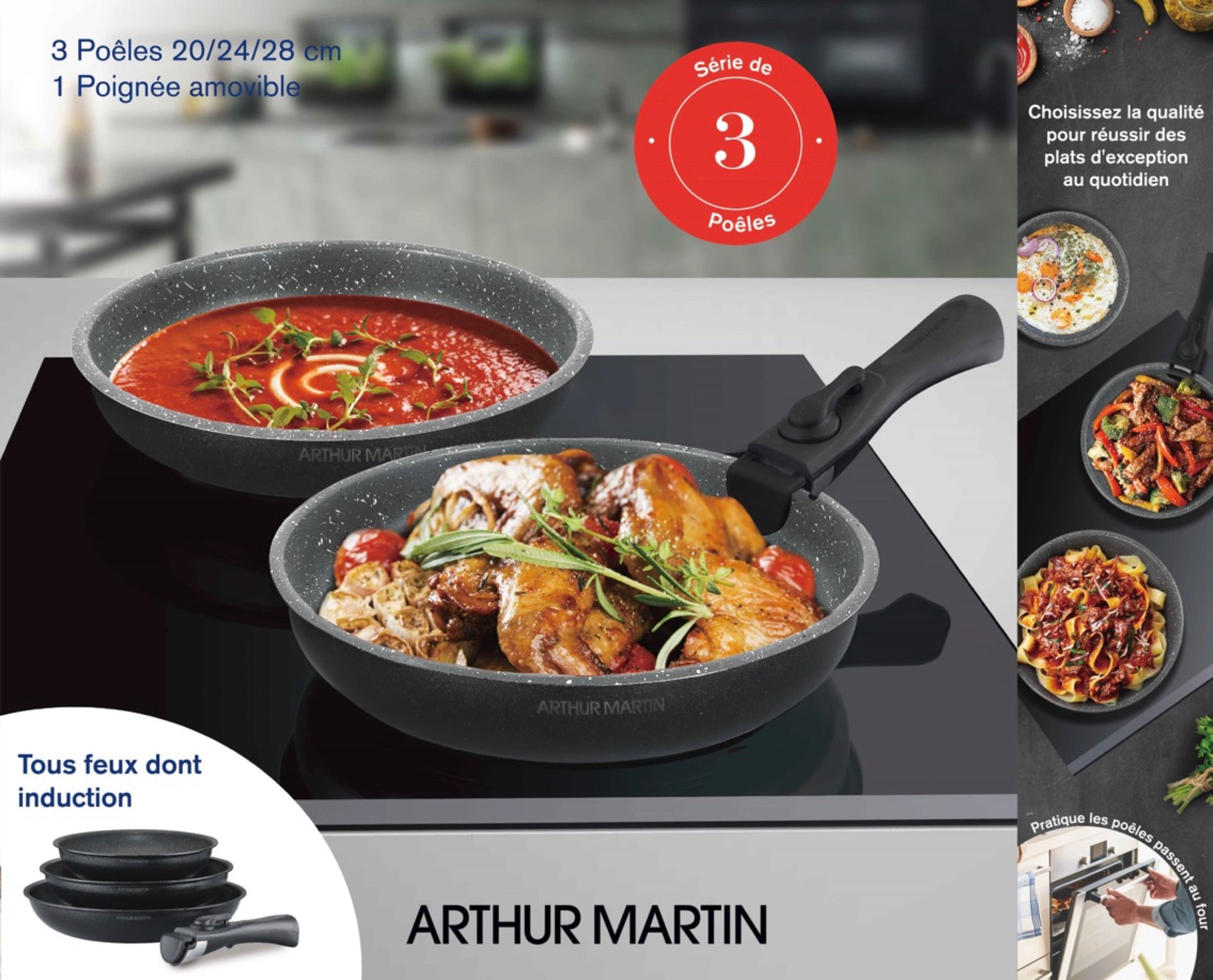 Set of 3 Frying Pans 20/24/28cm - Aluminum - Non-Stick - Black