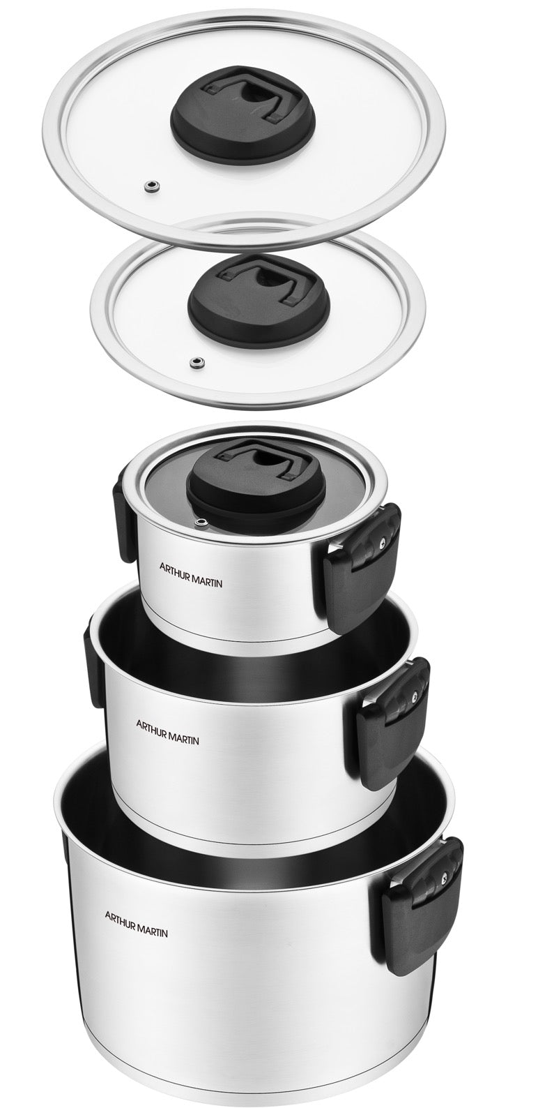 Juego de 3 Ollas 2/4/6L - Asas Abatibles - Acero Inoxidable - Inox
