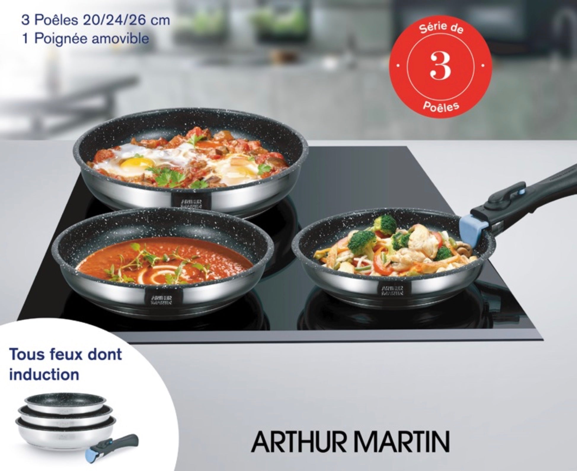 Set of 3 Frying Pans 20/24/26cm - Non-Stick Interior - Stainless Steel - Inox