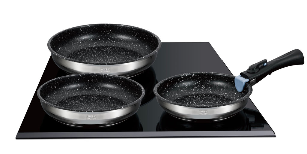 Set of 3 Frying Pans 20/24/26cm - Non-Stick Interior - Stainless Steel - Inox