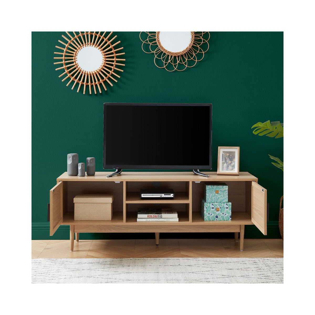 Amana - Mueble de TV - Efecto roble y rejilla de ratán