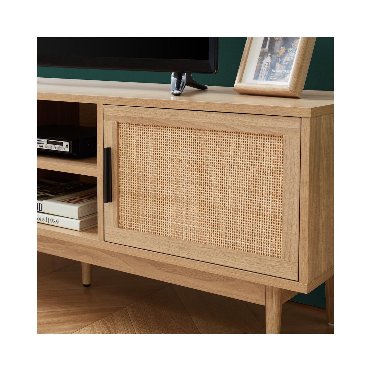 Amana - Mueble de TV - Efecto roble y rejilla de ratán