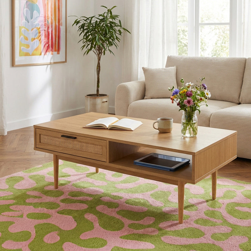 Coffee Table - Amana - Oak Effect & Rattan Canework