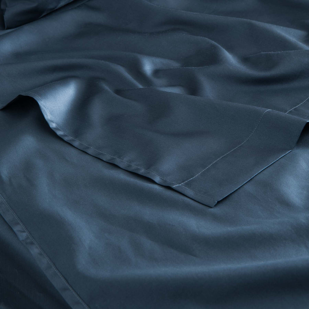 Drap Plat - En Satin De Coton Égyptien 300 Fils - Bleu Orage