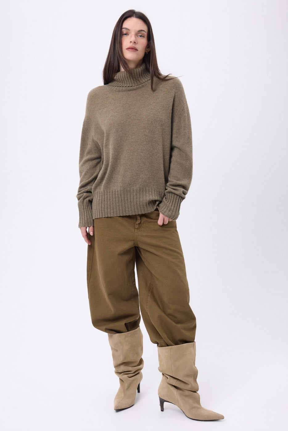 Pull Col Roulé Oversize Amelia - Khaki Chine - Femme