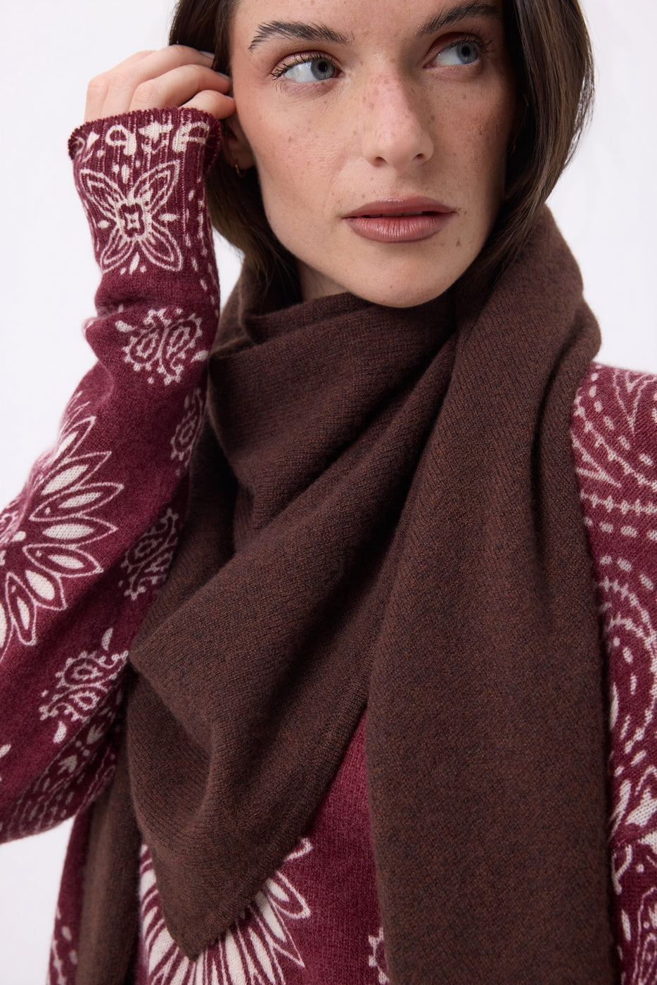 Echarpe Bandana Oversize Triangle Unie Amel - Marron Chocolat - Femme - 100% Cachemire