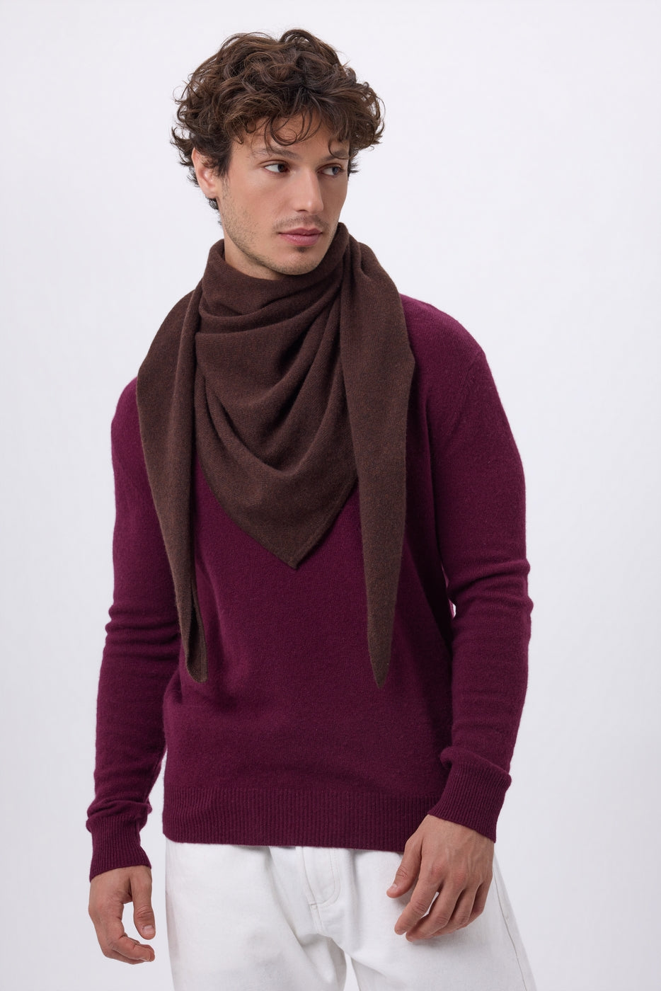 Oversize triangulär enfärgad bandanasjal Amel - Chokladbrun - Herr - 100 % kashmir