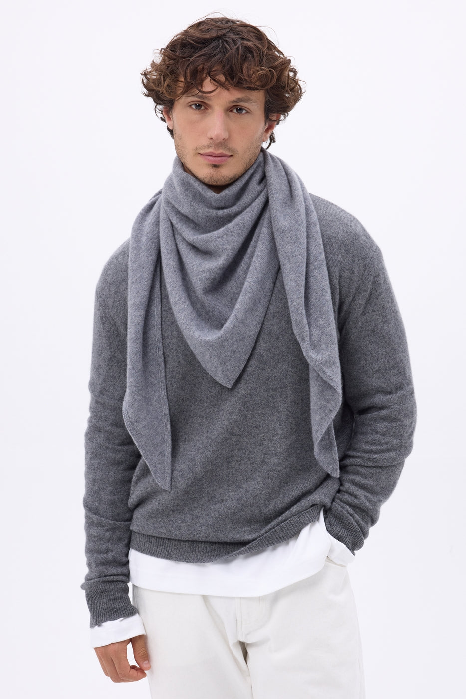Echarpe Bandana Oversize Triangle Unie Amel - Gris Fonce - Homme - 100% Cachemire