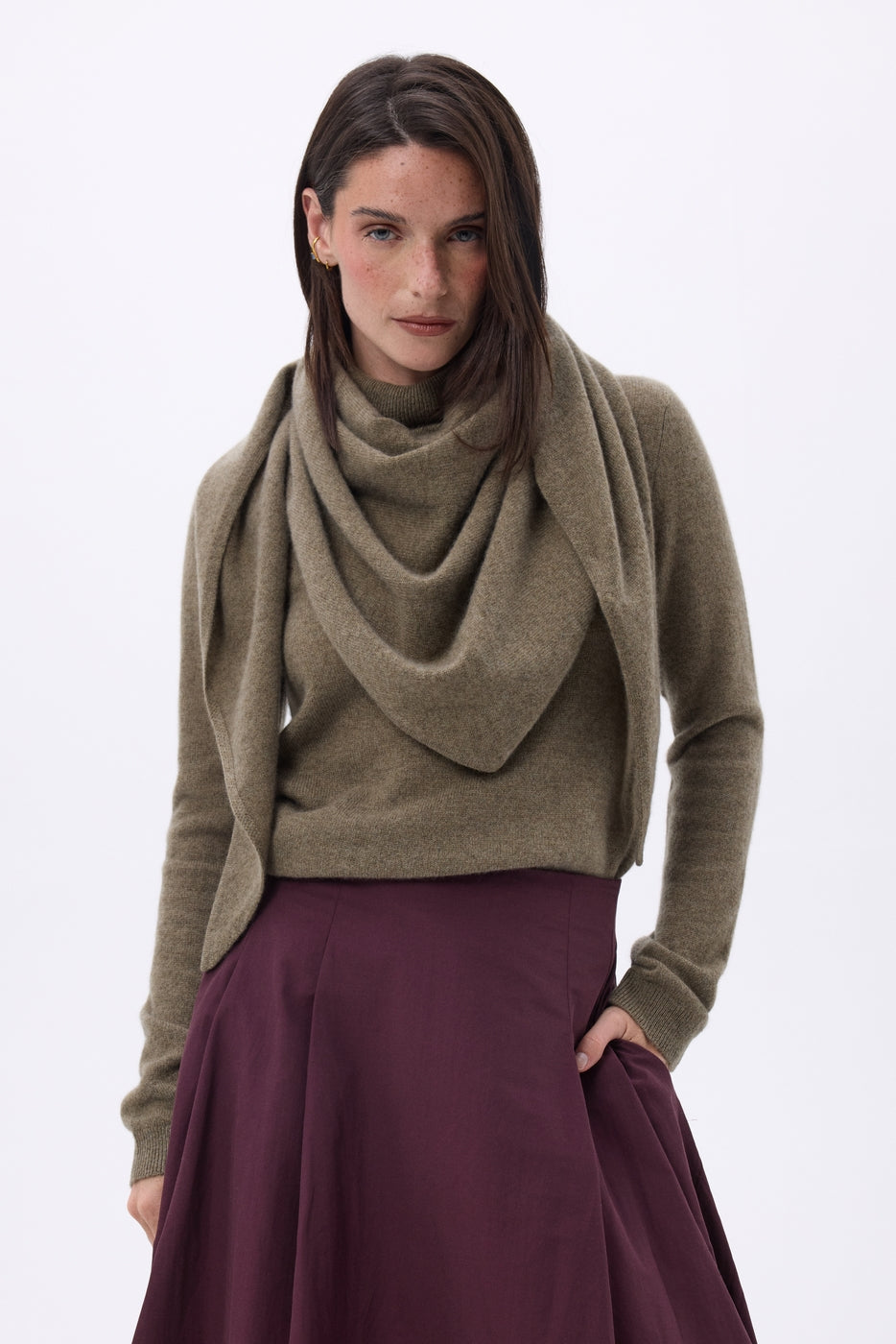 Echarpe Bandana Oversize Triangle Unie Amel - Khaki Chine - Femme - 100% Cachemire
