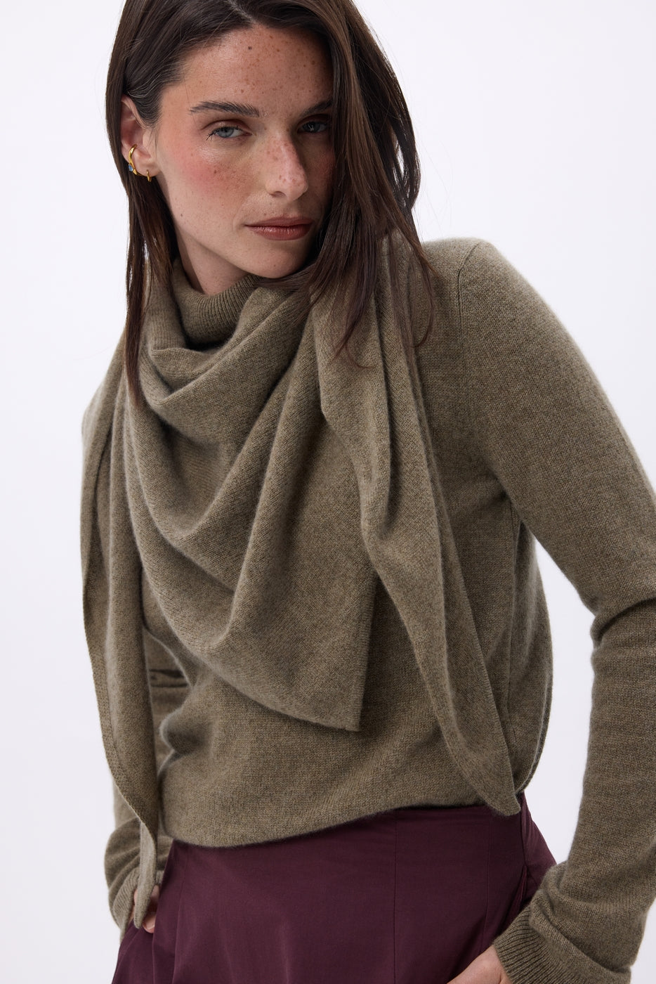 Echarpe Bandana Oversize Triangle Unie Amel - Khaki Chine - Femme - 100% Cachemire