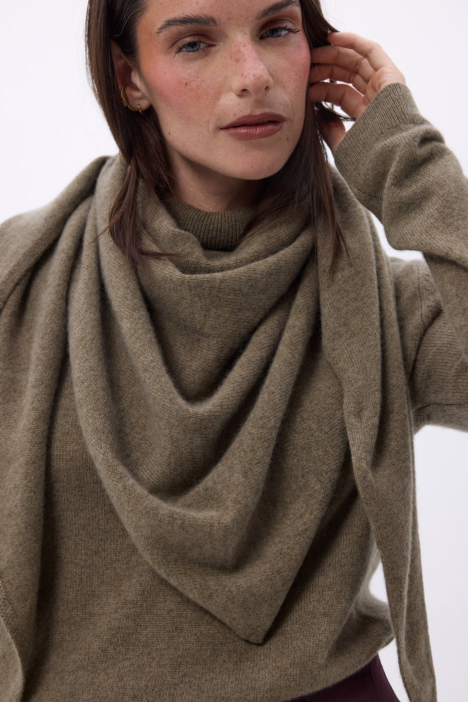 Echarpe Bandana Oversize Triangle Unie Amel - Khaki Chine - Femme - 100% Cachemire
