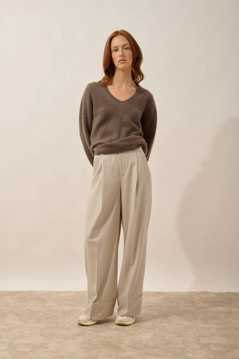 Pull Col V 4 Fils - Amrita - Taupe Chiné