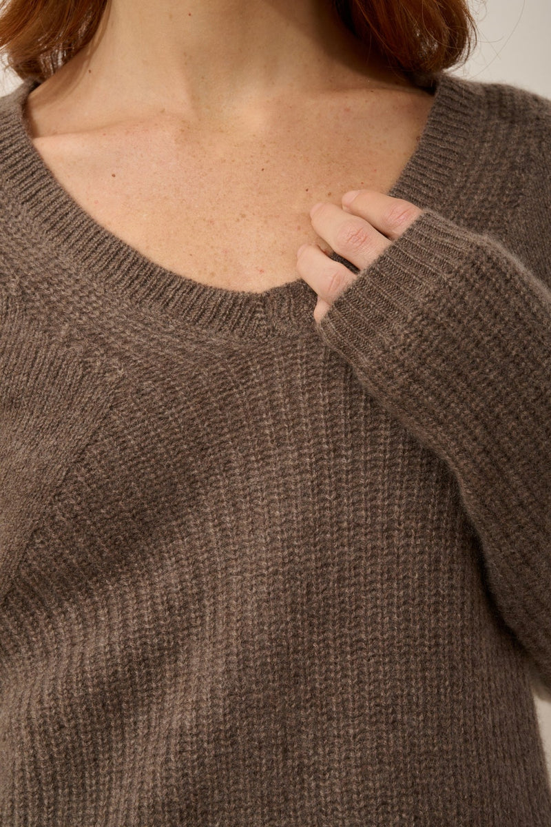 Pull Col V 4 Fils - Amrita - Taupe Chiné
