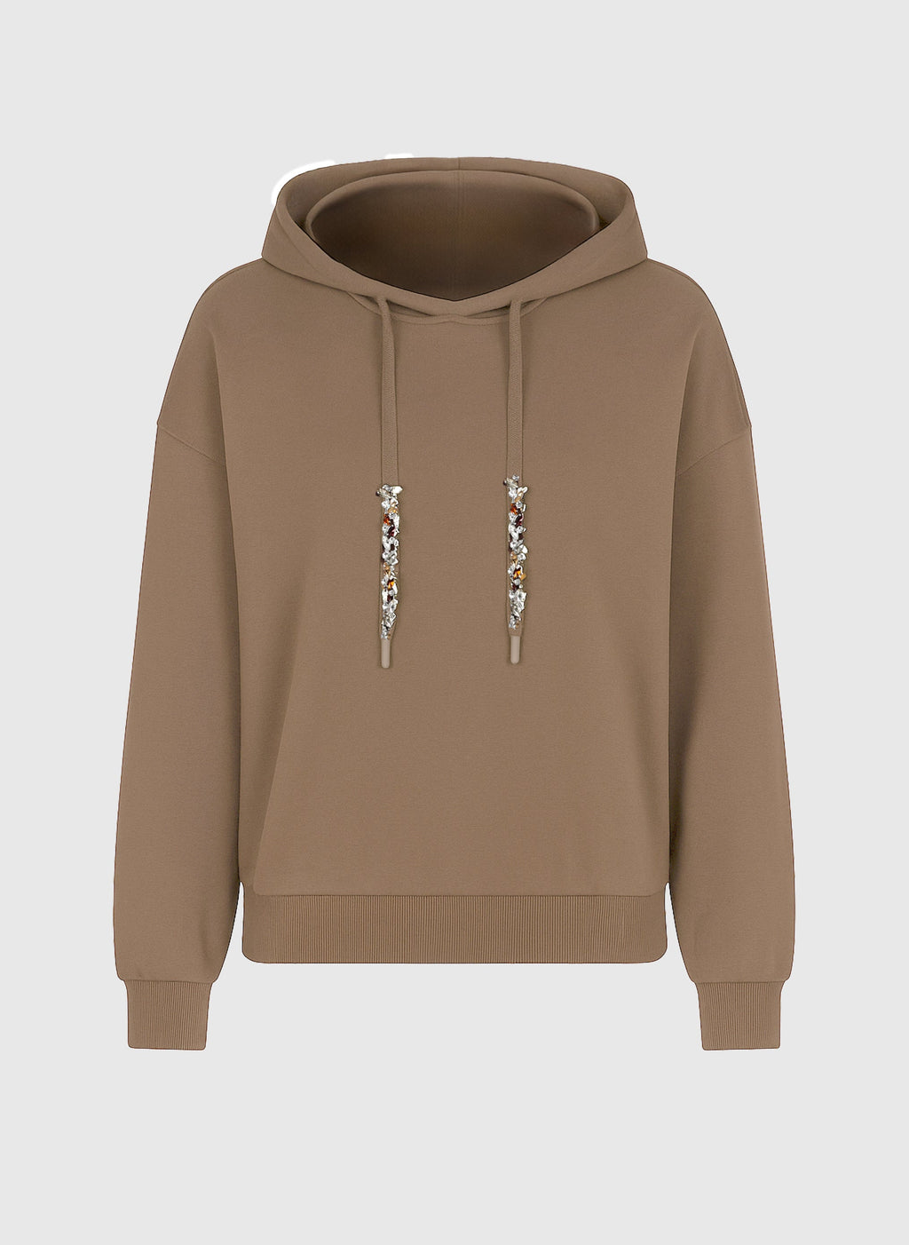 An'ge – Sweat Anika Camel, sweat-shirt à capuche marron avec cordons décorés de bijoux
