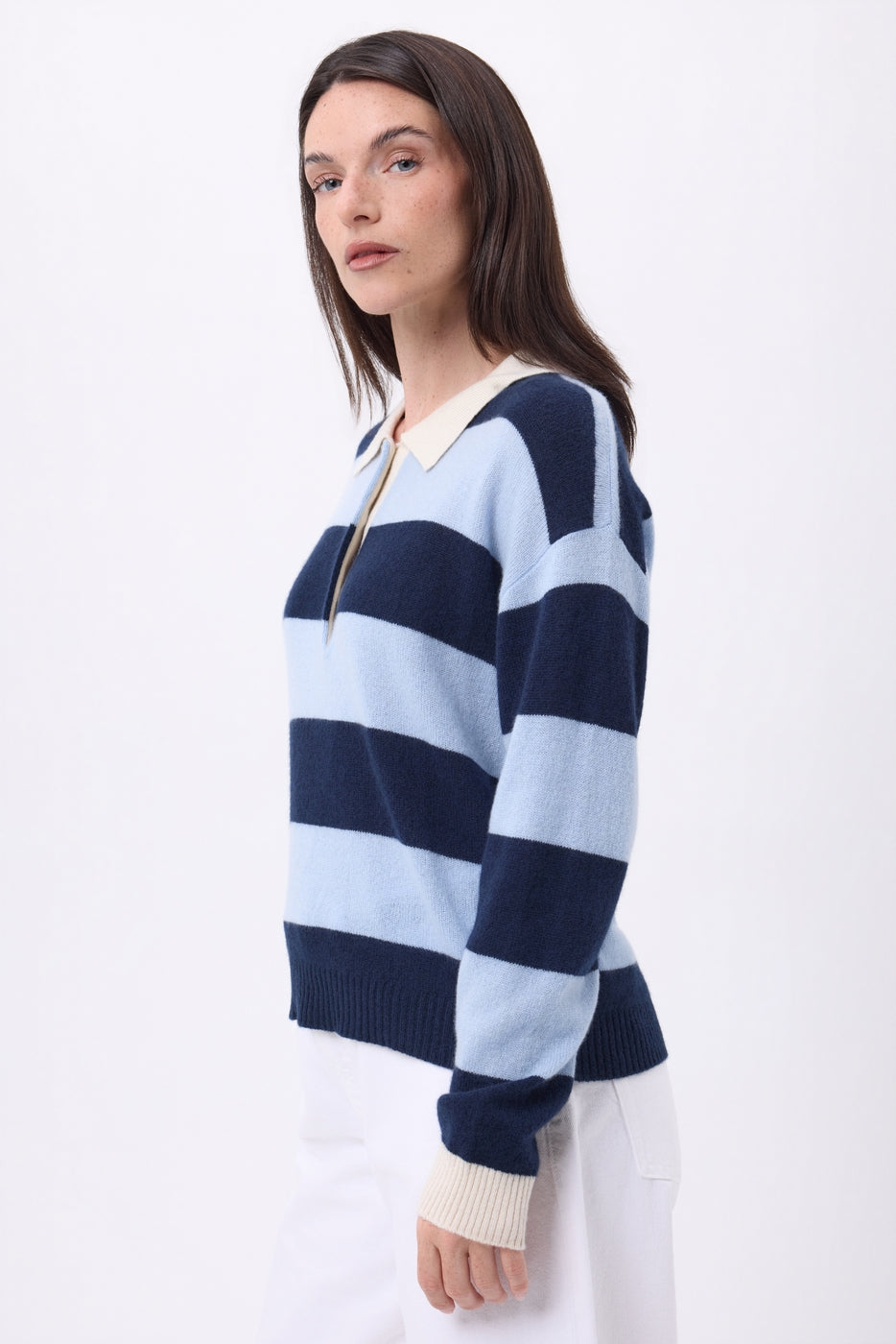 Jersey de cuello polo a rayas Anja - Azul cielo azul marino - Mujer