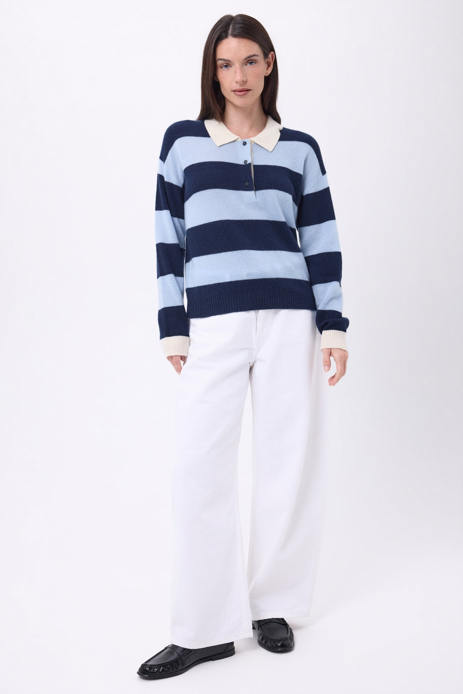 Jersey de cuello polo a rayas Anja - Azul cielo azul marino - Mujer