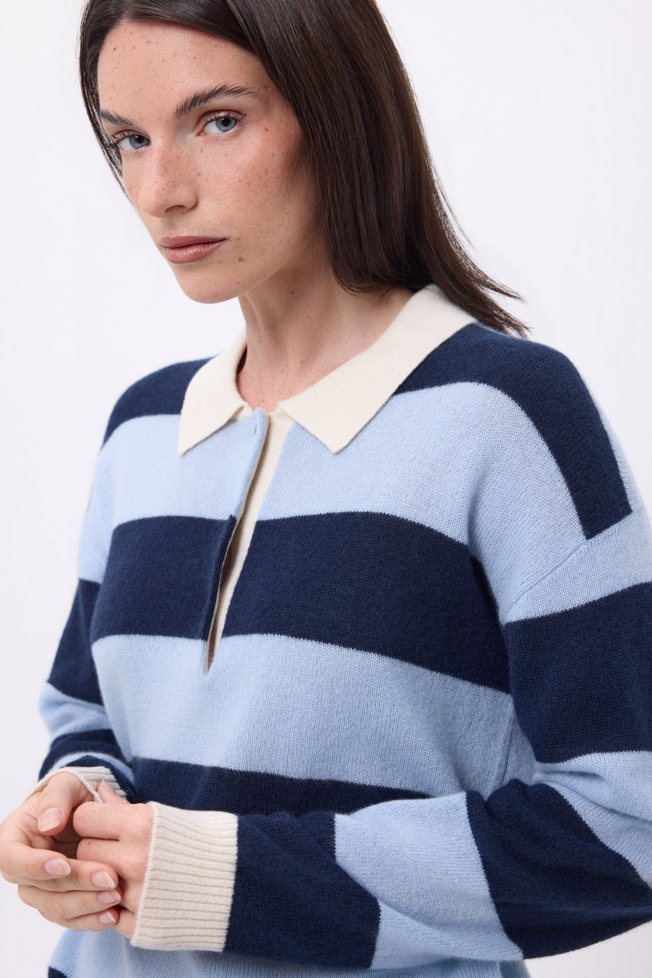 Jersey de cuello polo a rayas Anja - Azul cielo azul marino - Mujer